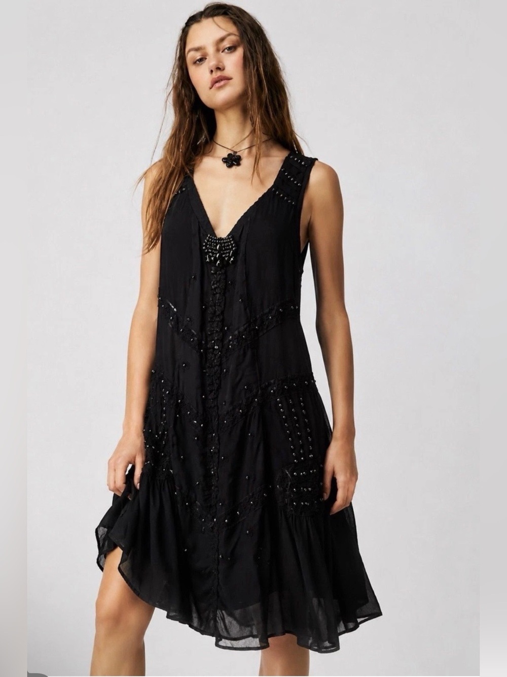 Johnny Was 4 Love and Liberty Women’s Black Silk Beaded Mini Dress Size XS NWT